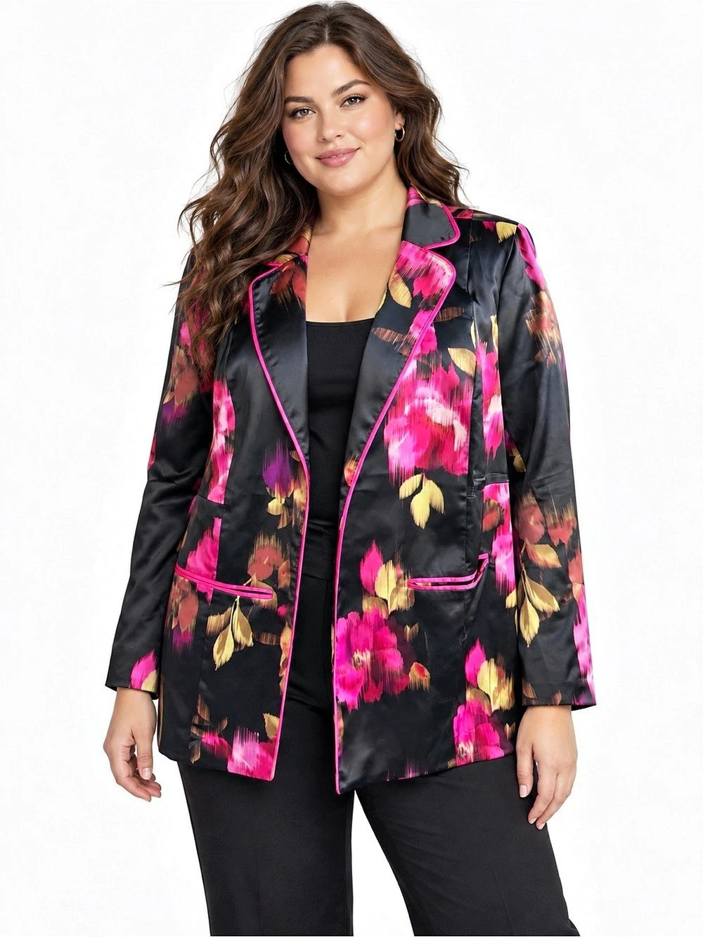 Torrid Black Floral Satin Relaxed Blazer Pink Trim Plus Size 2